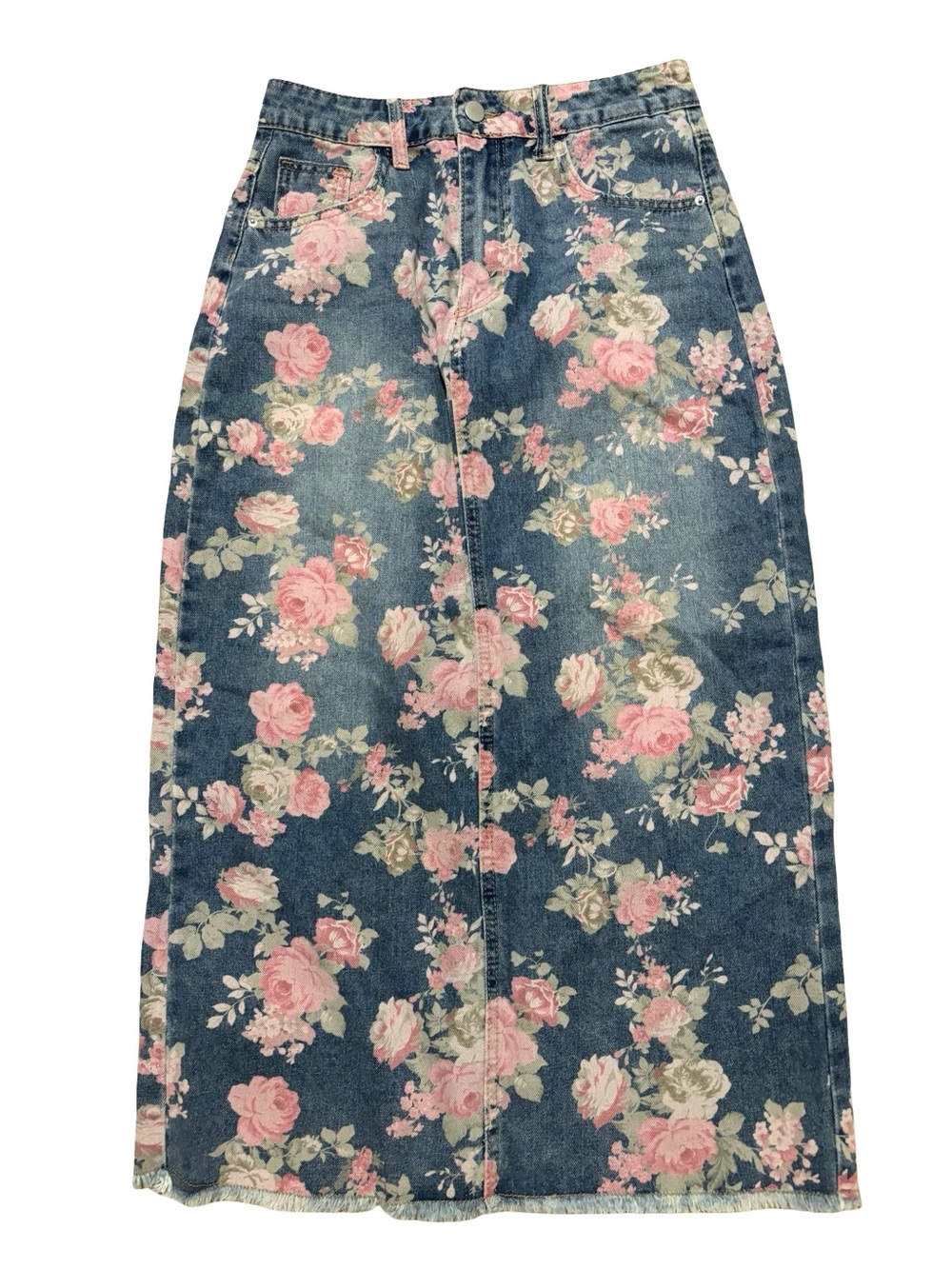 Floral Pink Rose Print Blue Denim Midi Casual Cottagecore Feminine Skirt Medium
